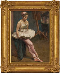 Harold Knight Oil Painting, Ballerina, Possibly w/ Laura Knight at Work: Harold Knight (England, 1874-1961) oil on canvas board portrait of a ballet dancer in a white tutu with pink leggings. She rests on a square stool while an artist who stands behind an easle in the