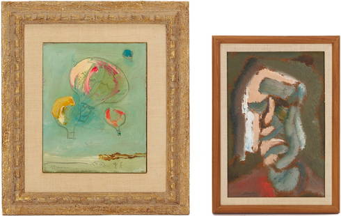 2 Small Sterling Strauser Paintings, Balloons and Portrait: Two small oil on board paintings by Sterling Boyd Strauser (American/Pennsylvania, 1907-1995). 1st item: Painting depicting a four hot air balloons rising into a blue-green sky, with figures watching