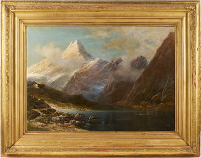 Large Signed 19th C. Continental School Mountain Landscape: A large Continental, possibly German or Swiss, oil on canvas painting, illegibly signed, depicting an Alpine landscape with river or lake in the foreground, cows watering in the mid-ground, a small