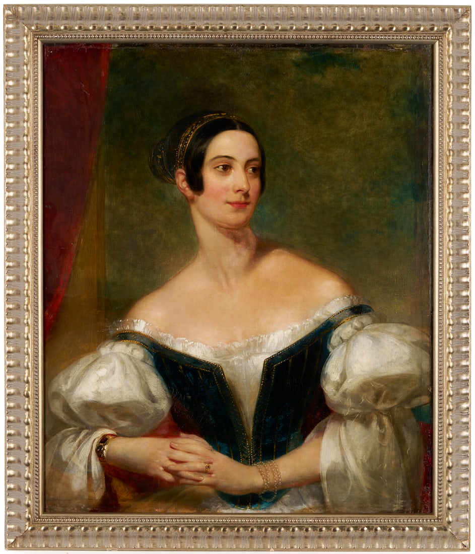 British or American School Portrait of a Lady with Pearl Bracelet: British or American School, circa 1861, portrait of a dark haired lady in a Renaissance Revival style off the shoulders blouse, velvet vest, and headband, depicted with her head slightly turned and fi