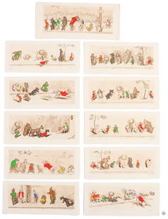 Boris O'Klein, 11 Dirty Dogs of Paris Colored Etchings: Boris O'Klein (French, 1893-1985); Eleven (11) hand-colored etchings on heavy Johannot paper, selvage edges, from the "Dirty Dogs of Paris" series. Each titled and signed by the artist in pencil in
