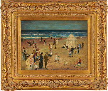 Claude Cahill Cooper O/B Whitby Beach Scene After William Samuel Horton: Claude Cahill Cooper (British, b. 1941) oil on wood panel Impressionist style beach scene painting with numerous figures in early-20th century dress. A striped tent stands at upper right and couples,