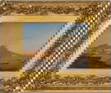 19th C. Italian O/B Painting, Bay of Naples with Mt. Vesuvius