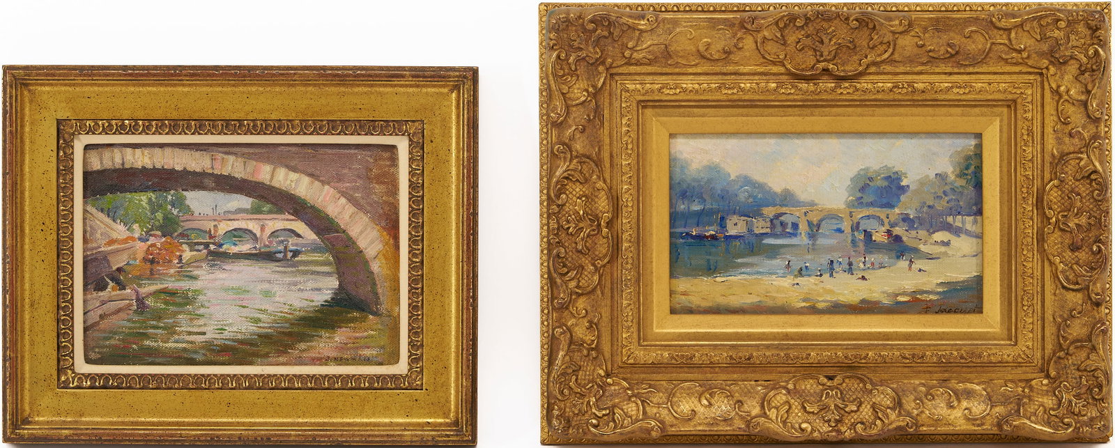 Joseph Newman and E. Jacquet, 2 Small Bridge Paintings: Two (2) small oil on canvas European landscapes depicting bridges, including an oil on board by Joseph Newman (American, 1890-1979) with Lucien Lefevre-Foinet stamp en verso, measuring 8 1/2" H x 6" W