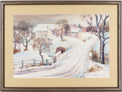 Arthur Meltzer Small Watercolor Winter Scene: Arthur Meltzer (American, 1893-1989) watercolor on paper winter landscape painting depicting a road winding up a hill with houses and trees under a snowy sky. Signed lower right. Matted under glass in