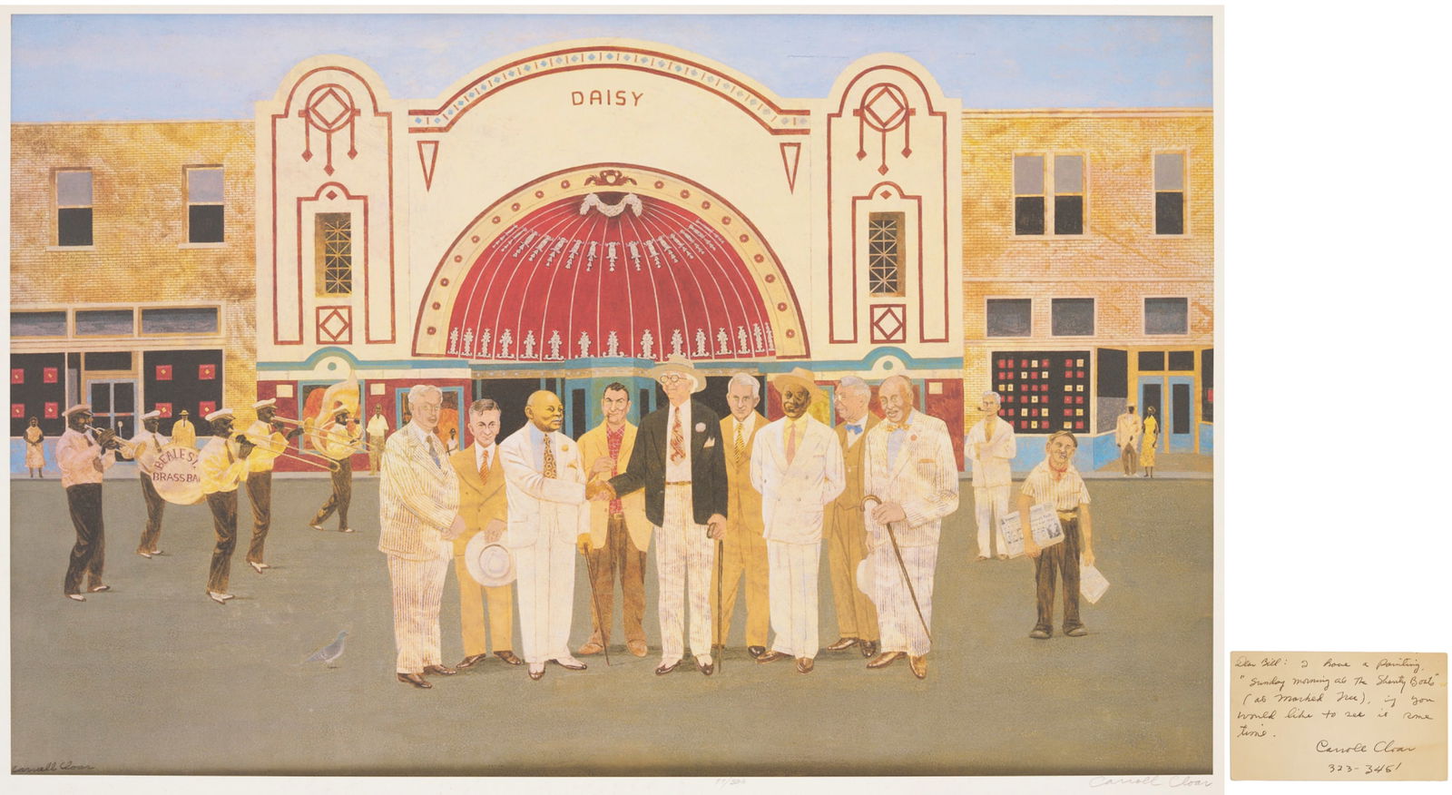 Carroll Cloar Signed Lithograph Plus Ephemera incl. Handwritten Postcard: Item 1: Carroll Cloar (American/Tennessee/Arkansas, 1913-1993) offset lithograph entitled "Historic Encounter Between E.H. Crump and W.C. Handy on Beale Street." Signed "Carroll Cloar" in pencil and n