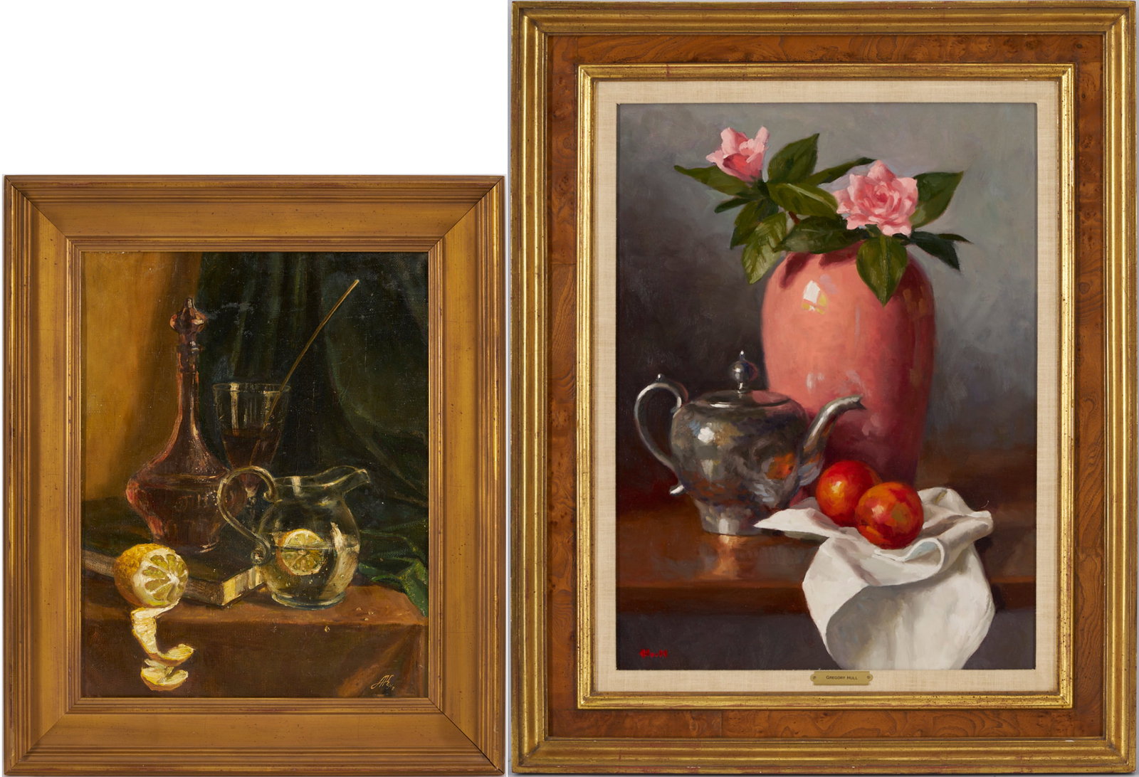 Pr. 20th C. Still Life Paintings, Anton Katishev & Gregory Hull: Item 1: Gregory Hull (American, b. 1950) oil on canvas tabletop still life painting of a pink vase with two matching roses, a metal teapot, and two apples contained by an unfurled napkin that hangs ov
