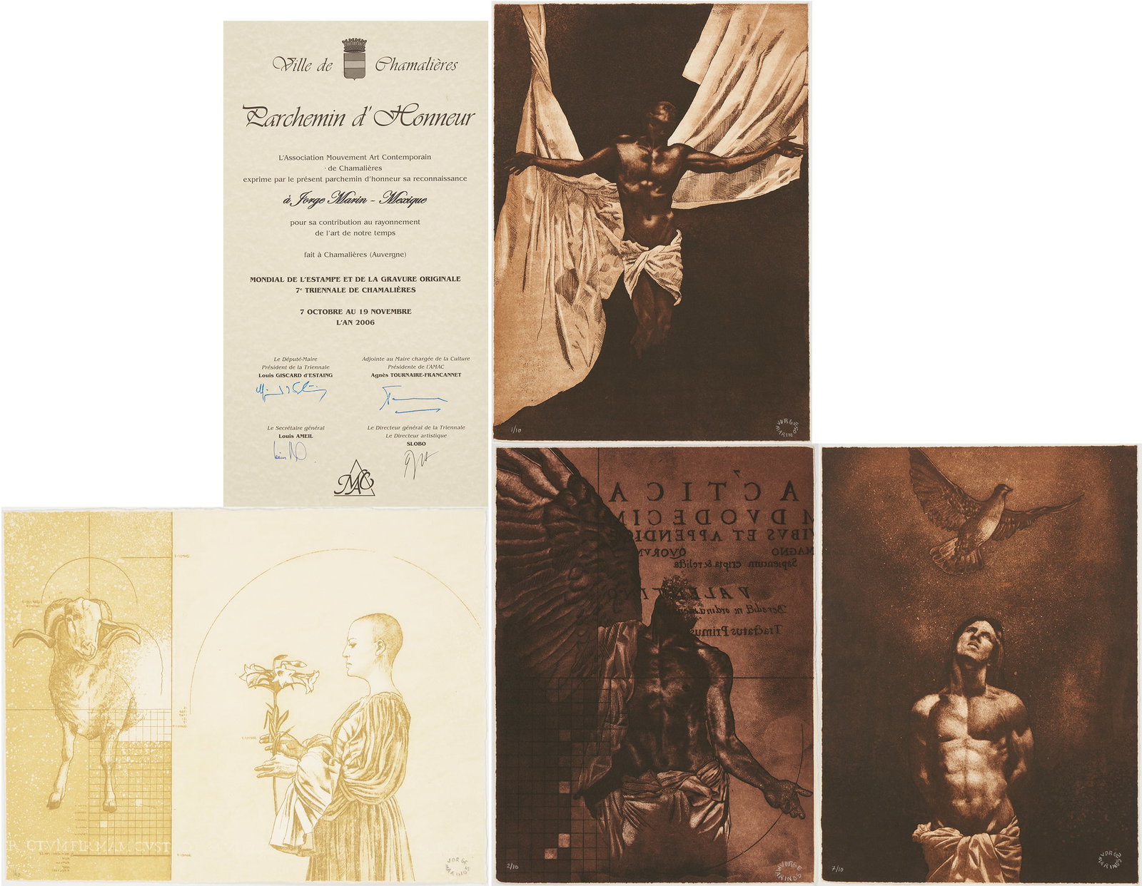 4 Jorge Marin Etchings, plus Triennale Mondiale de l'Estampe Letter of Honor (1 of 20)