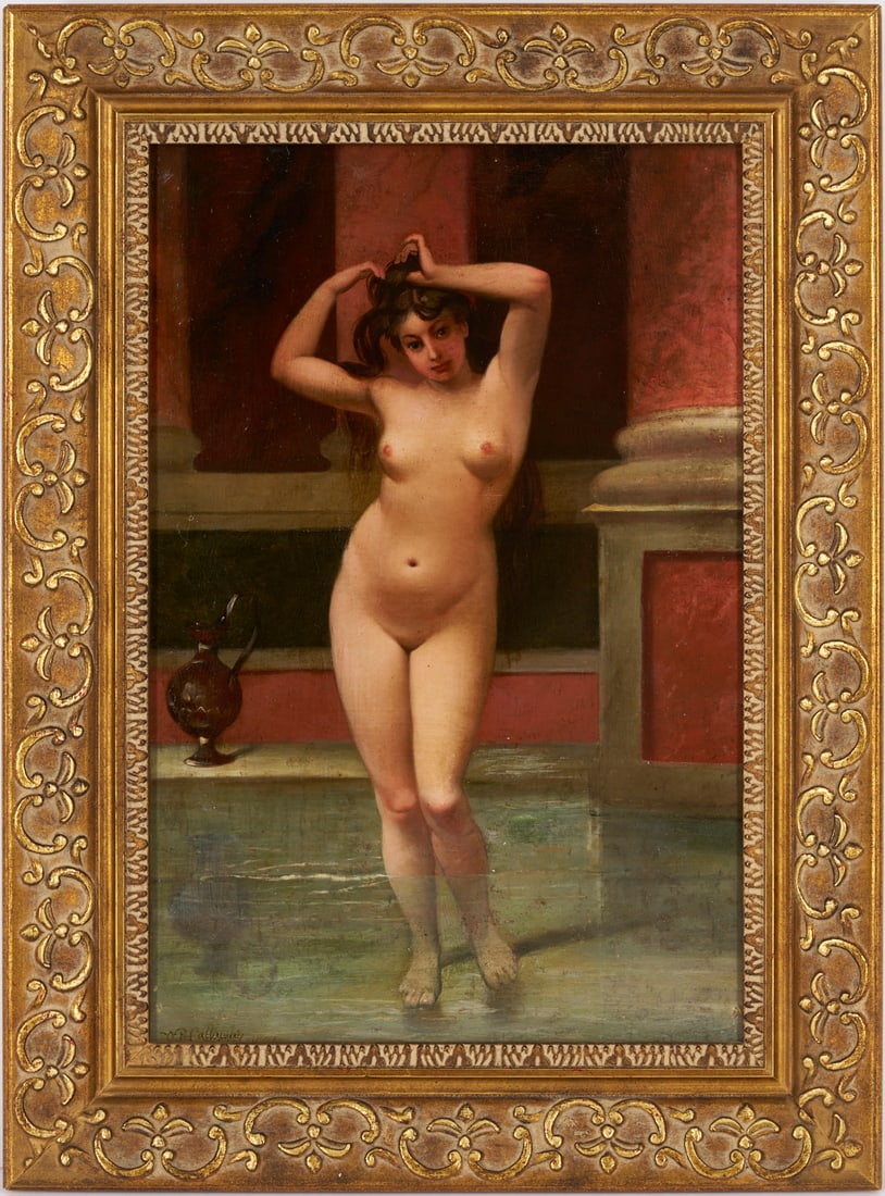W. F. Callaway O/C, Nude Bather: William Frederick Callaway (United Kingdom, active 1841-1896) oil on canvas painting depicting a nude woman in a Roman bath interior, her legs partially submerged in water. Signed and dated lower left