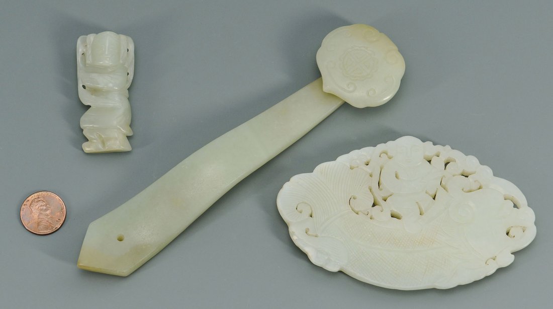 3 Chinese Celadon Jade Carvings: 3 Chinese celadon jade carvings. 1st item - Carved celadon jade ryui scepter with incised shou decoration to the head. 6 3/8" L. 2nd item - Carved standing figure with happy expression. 2" H