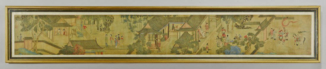 Classical Chinese Handscroll on Silk: Large framed classical Chinese hand scroll, ink and color on silk, probably Qing dynasty in the style of Chen Juzhong (a court painter from Nanjing during the Northern Song Dynasty, circa 1201-1204).