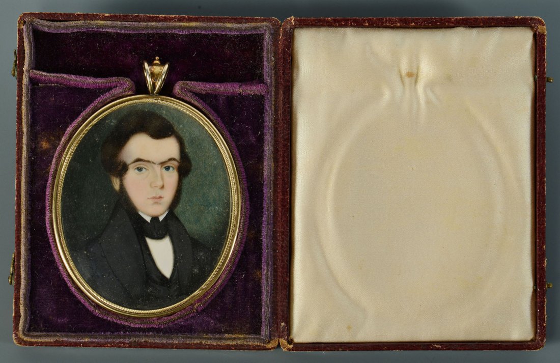 Philadelphia Miniature Portrait On Ivory: A Philadelphia miniature portrait of a gentleman, watercolor on ivory, housed in a 14K gold-filled oval locket, back of card with illegible pencil inscription reading "------------------ Philadel