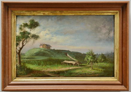 George D. Coulon o/b, Fort Macomb, Louisiana: George David Coulon (American/Louisiana, 1823-1904), oil on panel landscape painting depicting Fort Macomb, Chef Menteur Pass. A brick building sits atop the moated hill, with a wooden structure in th