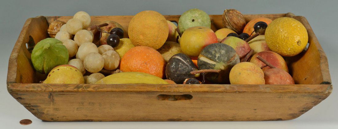 Large Selection of Stone Fruit, late 19th c.: Large selection of stone fruit, painted marble or alabaster, including cherries, oranges, plums, pears, walnuts, pomegranates, lemons, strawberries, apples, banana, onion, plum, apricot and variety of