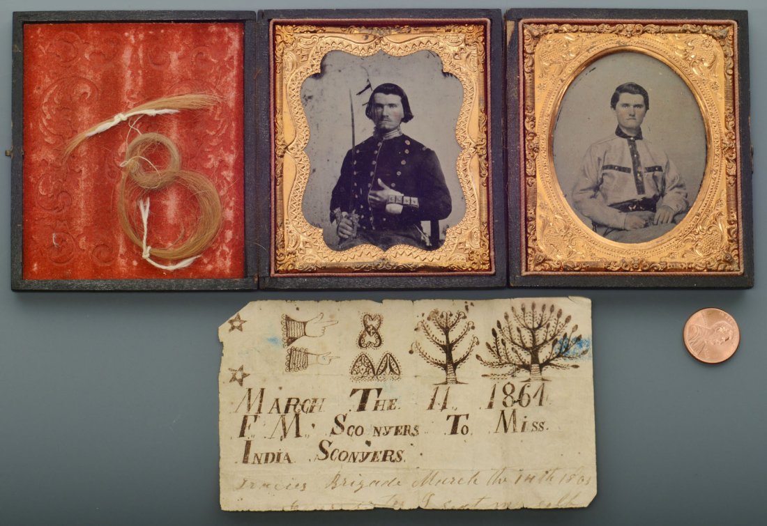 2 Civil War Era AL Ambrotypes w/ Folk Art Note: Two Civil War era ambrotypes, one with lock of hair, depicting Confederate soldier F.M. Sconyers of Alabama, who served in the 59th Regiment, Alabama Infantry. One ambrotype shows Sconyers in his Conf