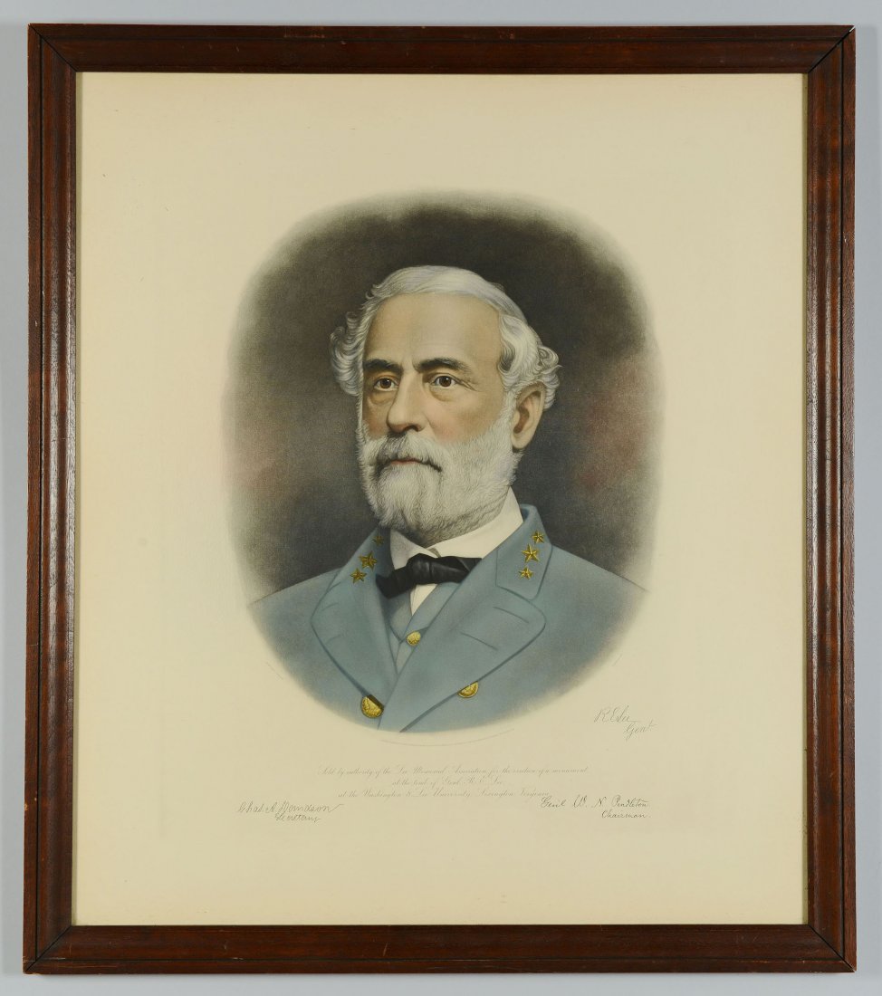 Robert E. Lee Memorial Engraved Portrait, 1870: 1870 hand colored engraving of Robert E. Lee, over an inscription reading SOLD BY AUTHORITY OF THE LEE MEMORIAL ASSOCIATION FOR THE ERECTION OF A MONUMENT AT THE TOMBE OF GENL. R.E. LEE AT THEWASHINGT