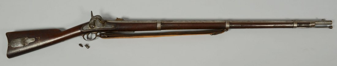 Harpers Ferry Model 1855 w/ Maynard primer: Harpers Ferry Model 1855 Percussion rifle - musket manufactured at the Harpers Ferry, Virginia armory in 1860. The lock has the Maynard tape primer and the magazine door is stamped with an eagle and s
