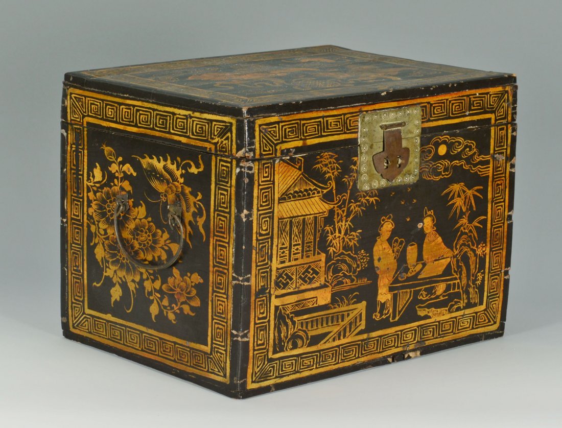 Four boxes including lacquer: Lot of four boxes. 1st item: Large black lacquered hardwood box with Chinese decoration including dragons, a tea ceremony and florals. Hinged top. White metal escutcheon and handles. Some chips and lo