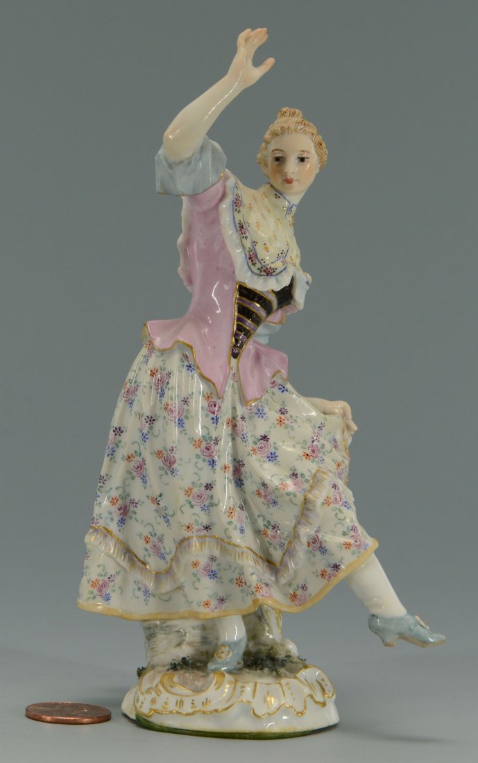 Messien Porcelain Figure of Dancing Lady: Meissen porcelain figure of a woman dancing. Base marked with blue crossed sword mark and the numbers "2323". 6" H. 19th century. Provenance: a Mississippi estate.