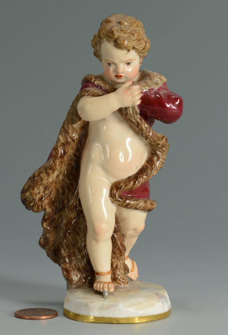 Meissen Porcelain Figure of Cherub in Robe: Meissen porcelain figure of a cherub wearing a fur trim crimson robe. Base marked with blue crossed sword mark and the numbers "A71" and "610". 5" H. Late 19th century. Proven