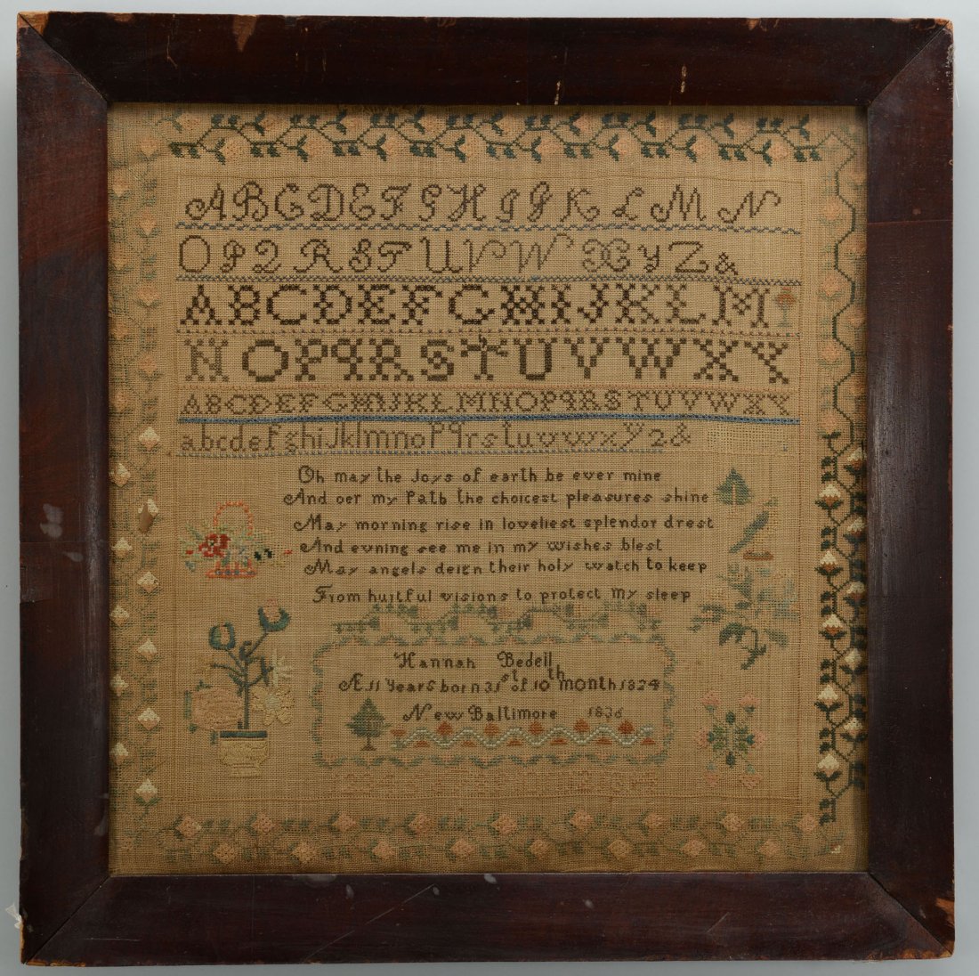 New Baltimore Needlework Sampler, 1836: New Baltimore needlework sampler, signed and dated 1836, silk and wool on linen. Floral border with three uppercase and one lowercase alphabets over a verse: O may the joys of earth be ever mine/and o