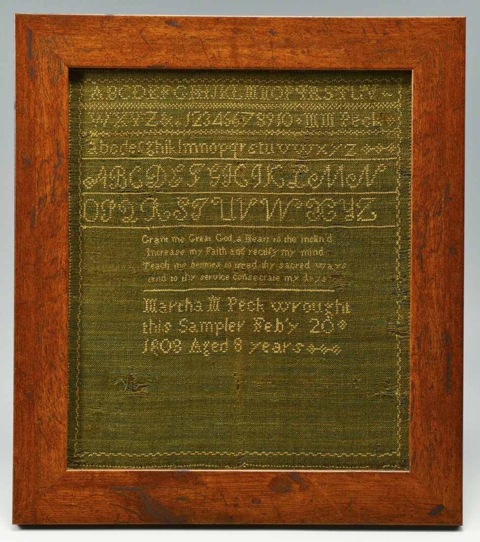 Martha Peck CT Sampler, Purse, Archive: Martha M. Peck Sampler and Archive relating to the Peck family of New Haven, Connecticut. 1st item: Needlework sampler, silk threads on a green linsey-woolsey ground, 3 alphabets and a row of numbers 