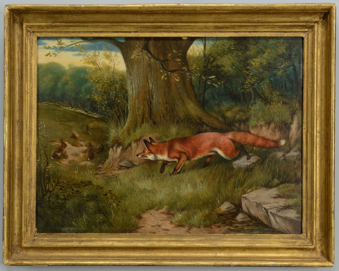 J.A. Wheeler, Fox Hunting Rabbits: John Arnold Alfred Wheeler (British 1821-1903) oil on board painting of red fox hunting a family of rabbits. Signed lower right. Molded gilt frame. Christie's auction label en verso. Sight: 9-1/4"
