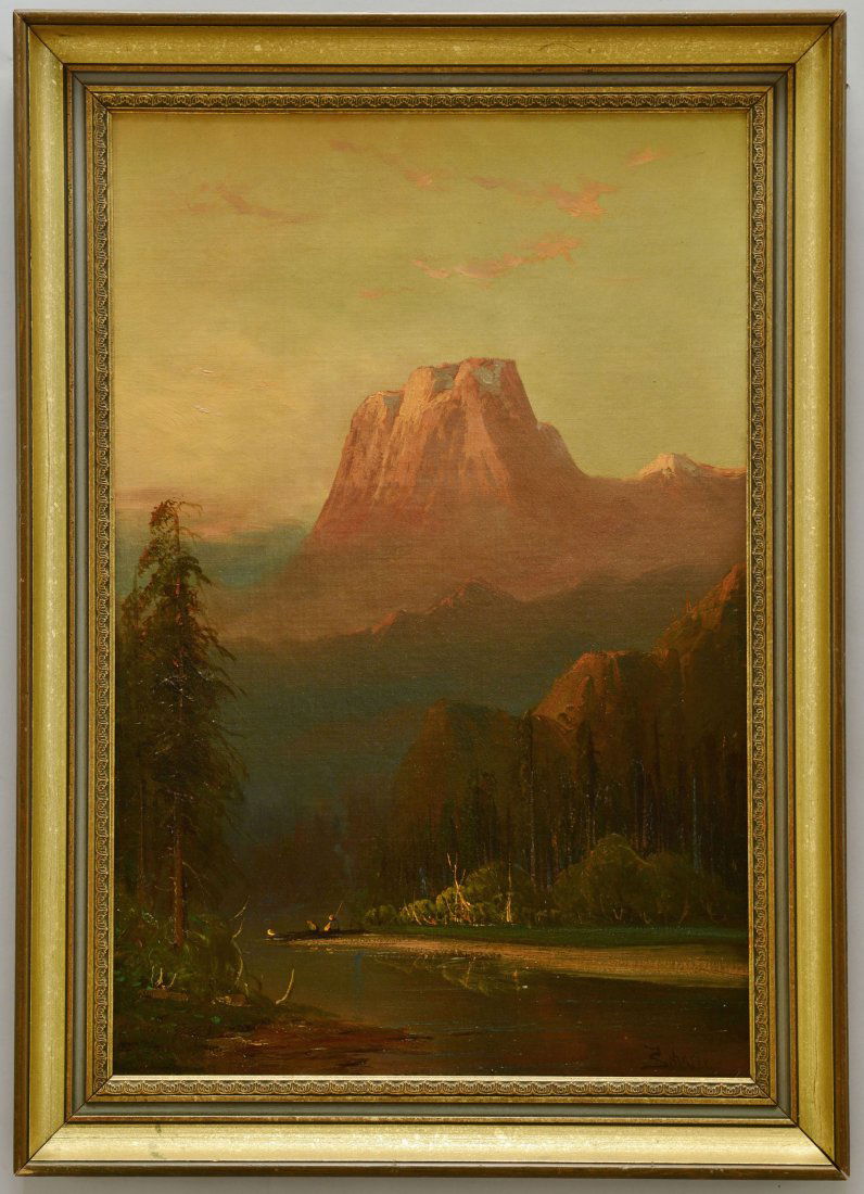 Frederick Schafer Oil on Board, El Capitan: Frederick Ferdinand Schafer (Germany/ California, 1839 - 1927) oil on canvas laid on board depicting fisherman at sunrise in Yosemite Valley with El Capitan in the background. Signed lower right "