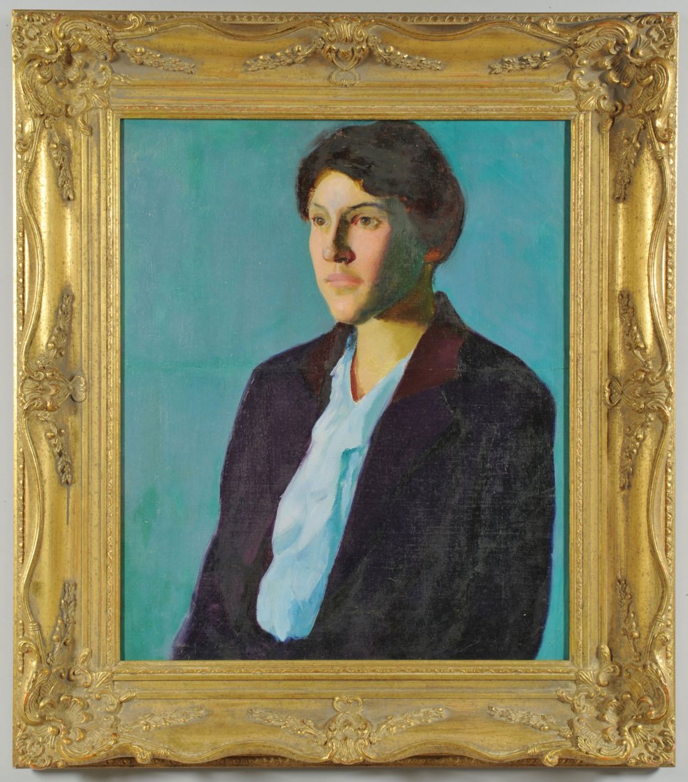 Circle of Charles Hawthorne, o/c portrait of a wom: Circle of Charles Webster Hawthorne (American, 1872-1930), oil on canvas half-length portrait of a woman with dark hair wearing a ruffled light blue shirt and dark jacket with reddish collar, set agai