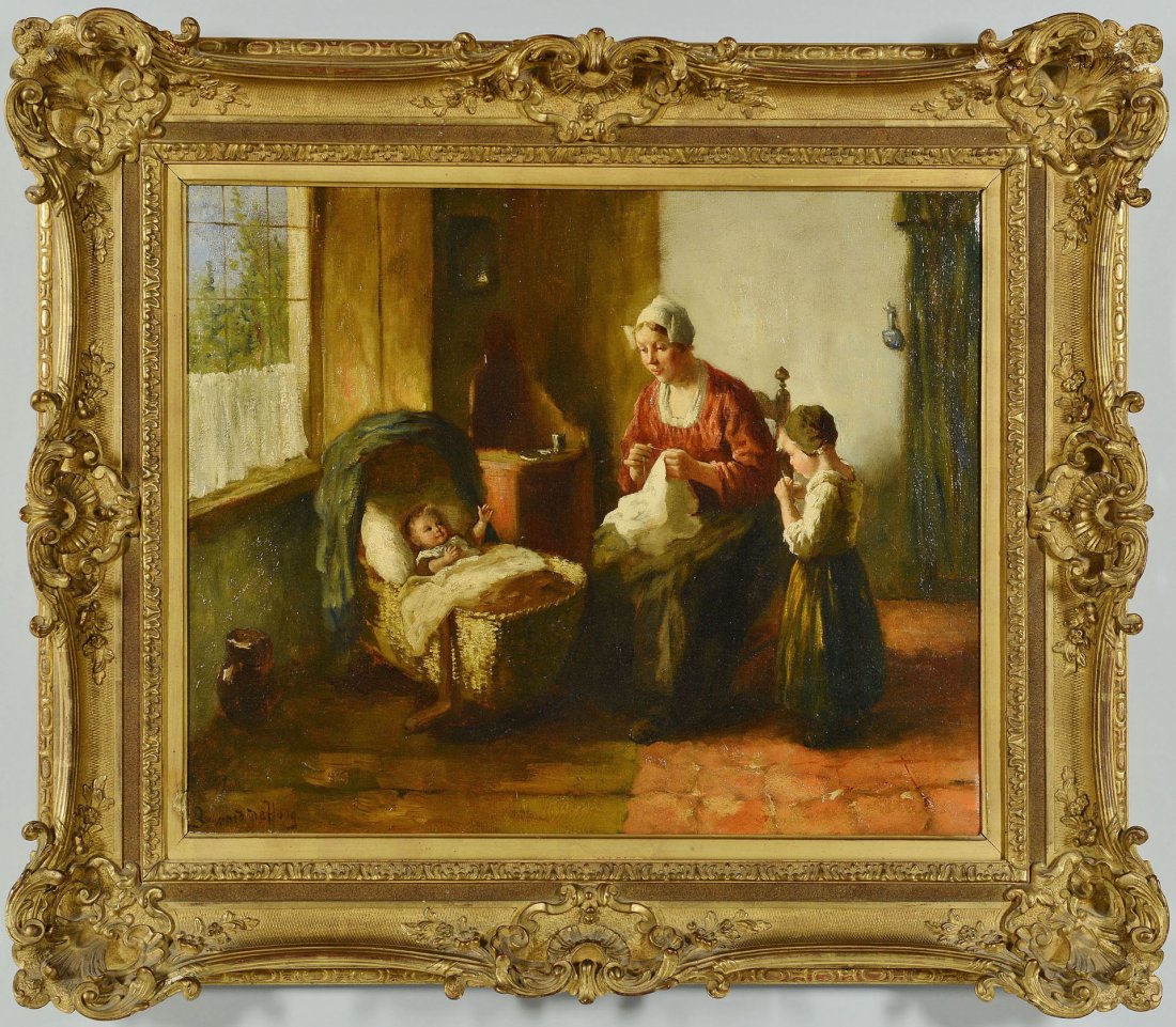 Bernard De Hoog oil on canvas, Mother and Children: Bernard De Hoog (Dutch, 1867-1943) oil on canvas interior genre scene depicting a mother sewing, a child at her side and on the other side, a baby in a cradle. Signed lower left. Period giltwood and c