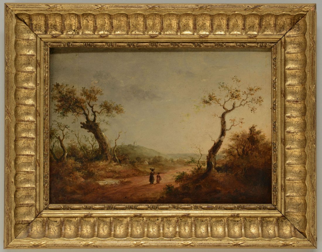 Continental School Oil on Board Landscape: Continental School, 18th century, oil painting on board. Scene depicts a loosely painted landscape with two standing figures. “954”, “41746” written in white chalk and pen on the backside, inc