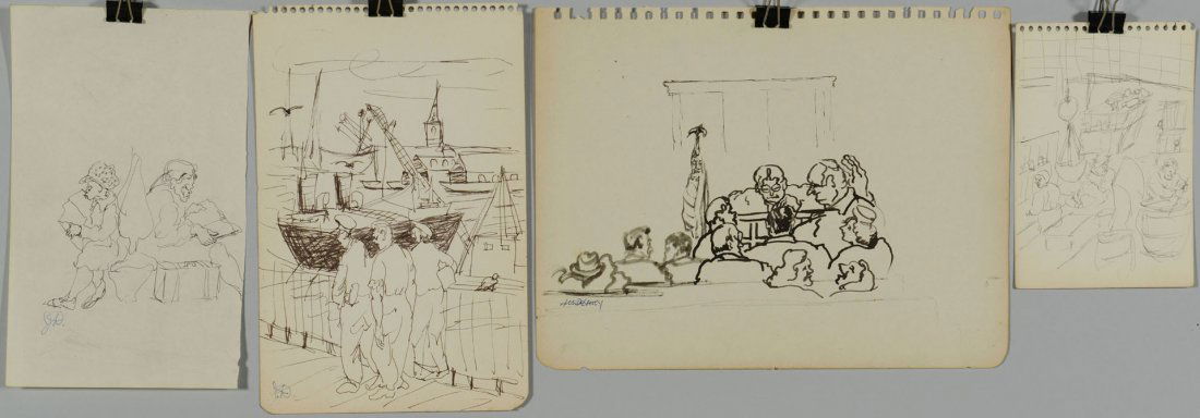 4 Joseph Delaney Ink Drawings, New York: Joseph Delaney (Tennessee/New York, 1904-1991), group of four ink drawings including an unsigned market scene, court scene signed lower left, an initialed drawing depicting two figures seated and read