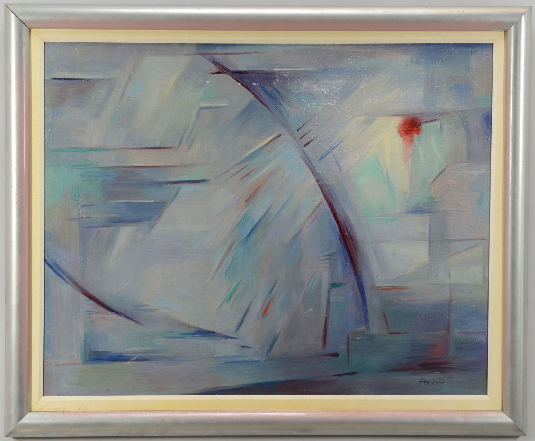 Philip Perkins, abstract oil on canvas: Philip Perkins (American/Tennessee, 1907-1970) oil on canvas, untitled abstract in shades of predominantly blue and green. Signed lower right. Painted wood frame. 28" x 35 1/2" sight, 34&quo
