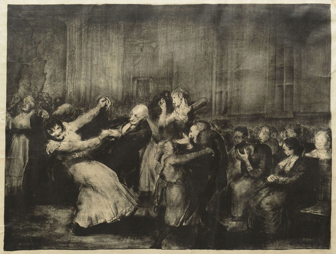 George Bellows "Dance in a Madhouse" signed Litho: George Wesley Bellows (American, 1882 - 1925) lithograph titled "Dance in a Madhouse". Depicts patients dancing at the State Hospital in Columbus, Ohio with other patients seated and observi
