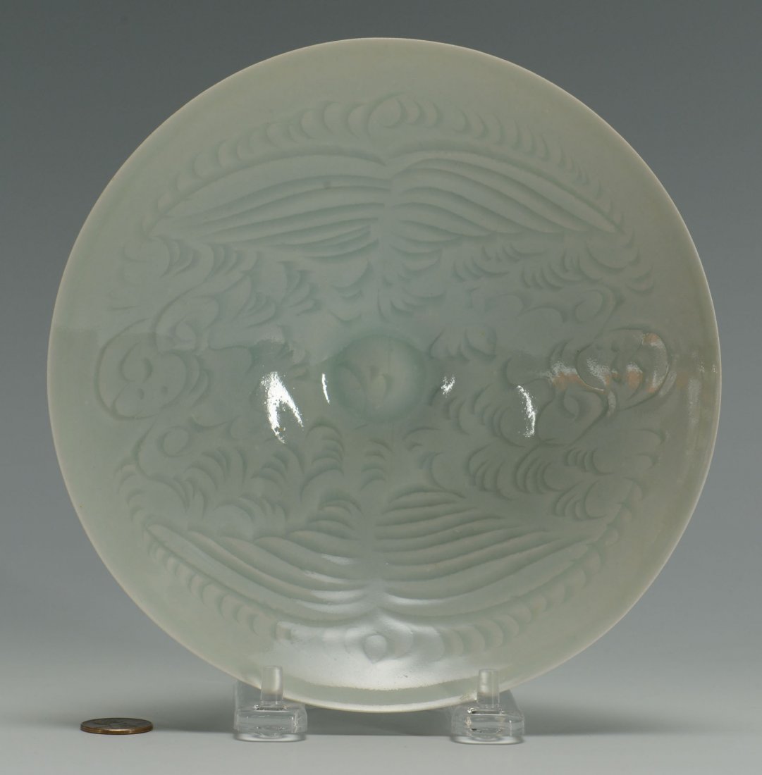 Chinese Celadon Eggshell Porcelain Bowl: Chinese celedon glazed eggshell porcelain bowl, in the style of the Song Dynasty, with incised interior decoration. 2 1/8" H x 7" dia. 20th century.