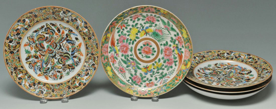 Chinese Famille Rose and Butterfly Plates: Group of 5 Chinese Export dinner plates including two Famille Rose deep dinner plates with polychrome enamel decoration of flowers, fruit, birds and butterflies on a white field (9-1/2" dia.) and