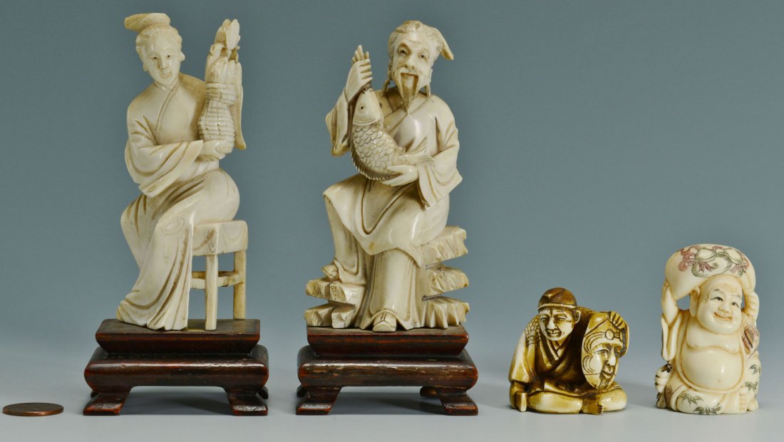 2 Chinese Ivory Figures & 2 Ivory Netsukes: 1st set: Pair of Chinese ivory figures on stand depicting a seated male holding a detailed carved fish and a seated female holding a basket of food. Both measure 5" H. Late 19th century. 2nd set: