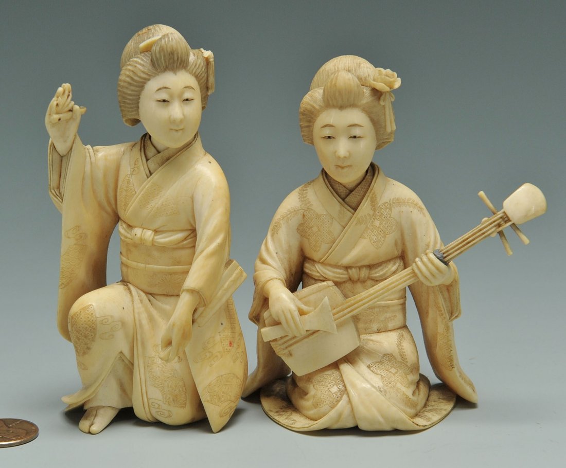 2 Japanese Carved Ivory Female Figures: 2nd set: A Japanese carved ivory figure of a kneeling female playing a stringed instrument. Artist signed within red rectangle on base. 3 3/4" H. 19th century. 2nd item: A Japanese carved ivory f
