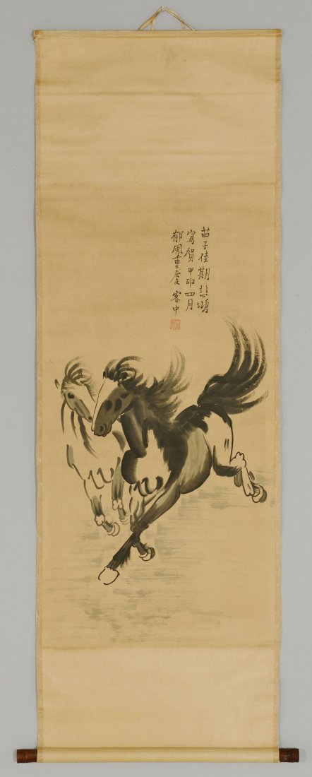 Chinese Scroll Painting, signed Xu Beihong: Chinese scroll painting signed Xu Beihong (1895-1953), ink and gouache on paper depicting two galloping horses. Inscribed and signed upper right with one red seal mark. 60 3/8" H x 20 3/4" w