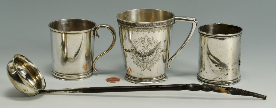 3 Coin Silver Cups and Silver Metal/Horn Ladle: 1st item: Coin silver mug with Classical decoration including an egg and dart border and cartouches on each side filled with floral engraving, and an angular handle. Monogrammed "Frank I Bishop&q