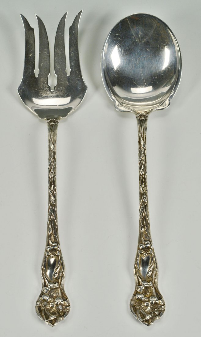 Large sterling serving fork and spoon, Watson Lily: A pair of Art Nouveau large salad serving pieces, fork (10-7/8") and spoon (10-1/4", made by Watson Silver Co. in the Lily Pattern (patented 1902). Both marked sterling. No monograms. 10.17 