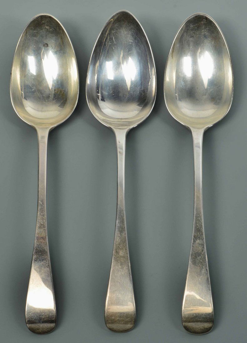 3 George III Table or Serving Spoons, Paul Storr: Three George III sterling silver table or serving spoons, all with reverse tipt oval handles, marked PS (attributed to Paul Storr), two with marks for London, sterling, 1816-1817; one with marks for L
