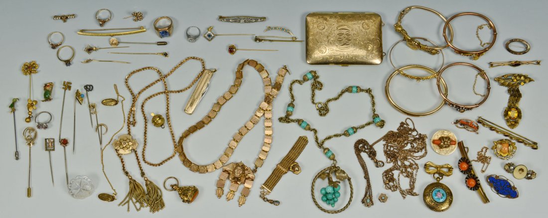 14K,10K Victorian and Edwardian Jewelry plus: Large group of Victorian, Edwardian and Revival jewelry, 14K, 10K, rolled gold and gold tone, including festoon and watch pendant necklaces; 5 Victorian rolled gold bangle bracelets, 1 with scene of c