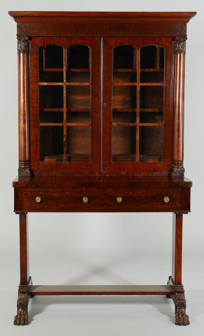 Classical Bookcase and Writing Table with Birdseye: American Classical Period Bookcase on Writing Table, mahogany and birdseye maple with poplar and white pine secondary woods. Top section features a molded cornice atop a figured veneered frieze, with 