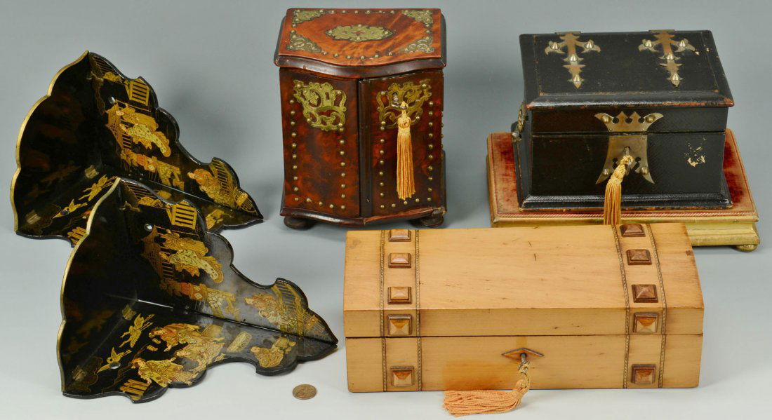 3 Decorative Boxes and Pair of Asian Shelves: 3 Decorative Boxes and Pair of Asian Wall Shelves. 1st item: Small burl wood and brass jewelry box on bun feet. Two drawers open to reveal three interior drawers with lift top opening to reveal anothe