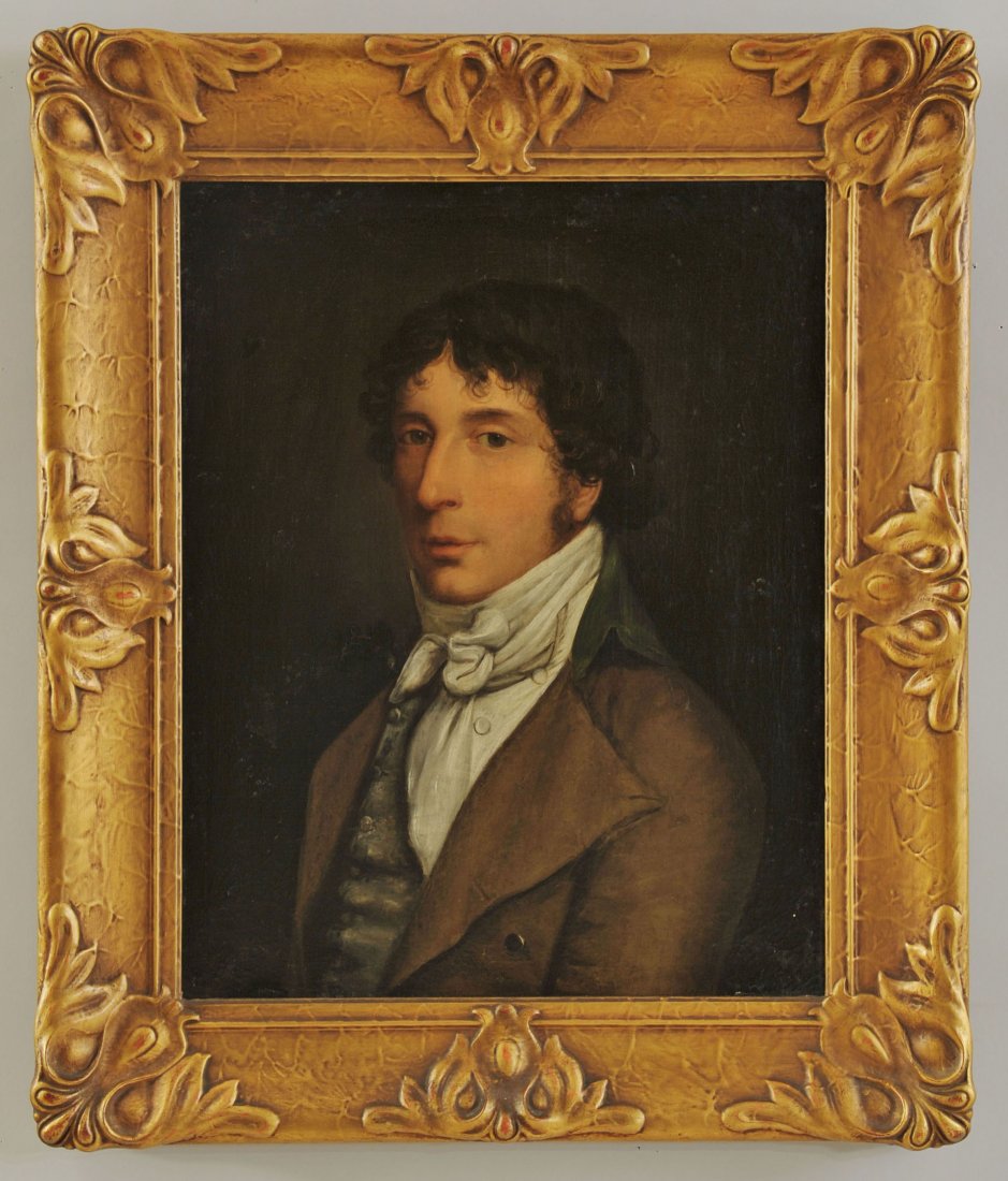 19th c. Continental School, portrait of gentleman: Continental School, portrait of a young gentleman in formal dress, unsigned. Giltwood and composition frame. Stamped en verso "Restored D. Manuel R. A. LL. D." and with Cincinnati, Ohio stam