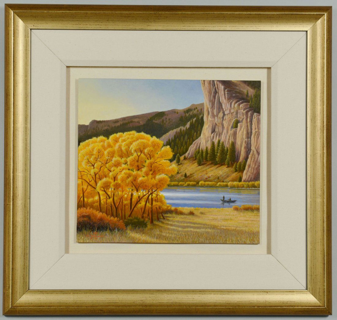 Monte Dolack, acrylic, Missouri River Gold: Monte Dolack (American, b. 1950) acrylic on board, "Missouri River Gold", depicting fisherman on Missouri River in the fall. Signed lower left. 2004. Monte Dolack Gallery label en verso. Gil