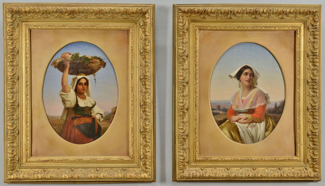 19th c. Orientalist School Pair Female Portraits: Pair of 19th century Orientalist School oil on canvas paintings, one depicting a peasant woman of Middle Eastern descent attired in brightly colored clothing with a basket of produce and a sleeping ch