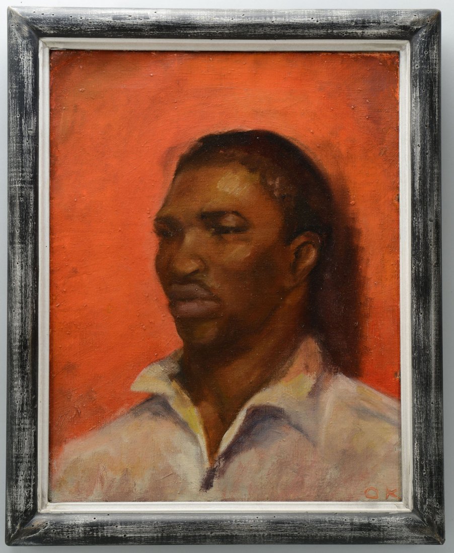 Oil on Canvas Portrait of a Black Man: Oil on canvas portrait painting of a young black man against a bright red background, signed "OK" lower right. Additionally inscribed en verso "O. Kondrat, 7 painting, Mizen - May 38. Exhibit." Possib