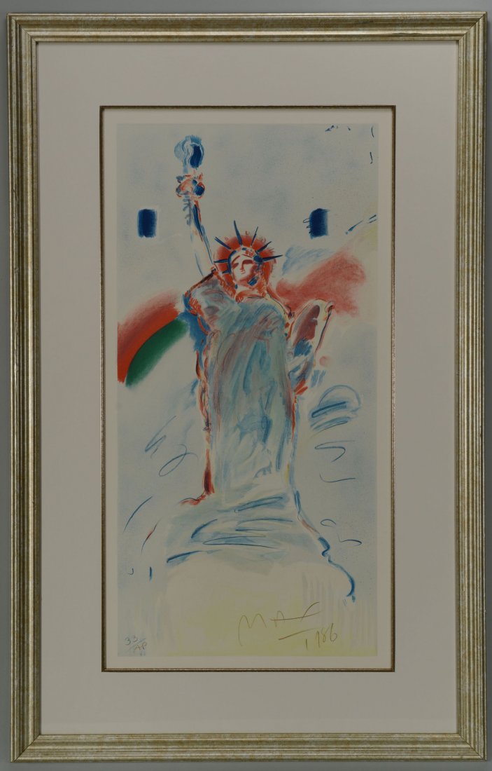 Peter Max Colored Lithograph, Statue of Liberty: Peter Max (American, 1937 - ) "Statue of Liberty" colored lithograph. Signed and dated lower right "MAX, 1986" and numbered "33/AP" lower left. Sight - 32" H x 16 1/